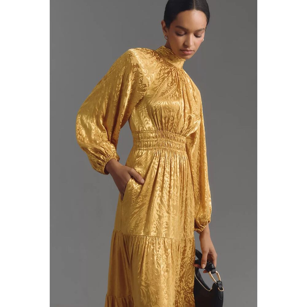 By Anthropologie The Somerset Long-Sleeve Maxi Dress Mock-Neck Gold Size M $178 - Picture 3 of 13